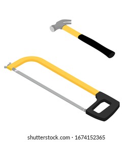 New handsaw and iron hammer vector set isometric view isolated on white. Construction tools