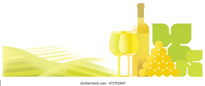 New harvest. Bottle and glasses of wine and grape composition. Banner with vineyard landscape background