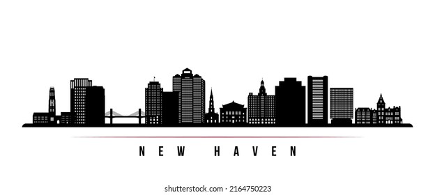 New Haven skyline horizontal banner. Black and white silhouette of New Haven, Connecticut. Vector template for your design. 