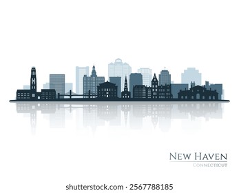 New Haven skyline silhouette with reflection. Landscape New Haven, Connecticut. Vector illustration.