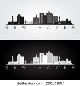 New Haven, USA skyline and landmarks silhouette, black and white design, vector illustration.