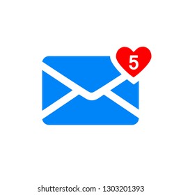 New heart message or inbox notification vector icon. Five incoming email messages in inbox 