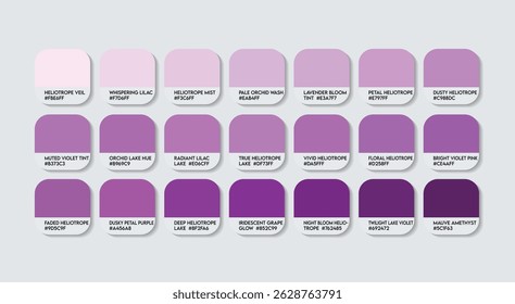 New Heliotrope Lake color Palette. True and Classic Heliotropium Tones Swatch Chart with HEX Codes and Color Names. Deep and Earthy purple Variations. Soft and purple Tints Variants Tones. Heliotrope