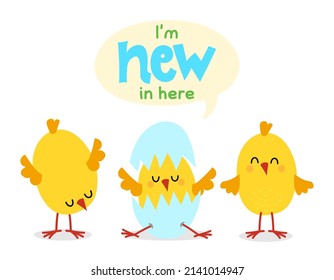 I'm new in here - cute chicks and hatching chick with eggshell. Cartoon easter bunny painting an egg. Eggs in basket, flowers, chickens, hen and cock bundle. Illustration of funny bunny season