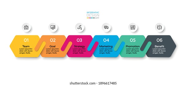 The new hexagonal design connects 6 stages in business, marketing and planning. infographic design.