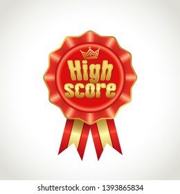 New high score golden game icon. Gaming decoration element with shining letters. Decorative star idea, red coloured IT emblem. Isolated 3 D abstract graphic design template. Vector arts illustration.