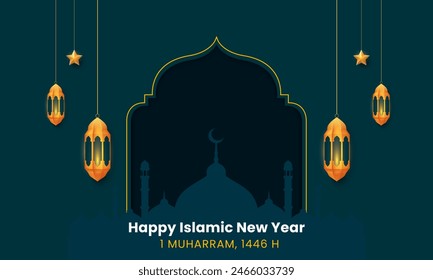 New Hijri year Islamic greeting celebration design. Happy Islamic new year 1446 concept template. Vector illustration