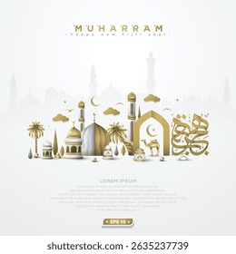 New Hijri Year MUHARRAM Greeting Islamic Illustration Background Design With Shiny Arabic Calligraphy, Camels, Mosque, Lanterns For Card, Banner, Cover,Flyer etc. Translation Of Text: ISLAMIC NEW YEAR