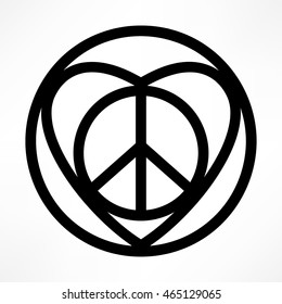 New hippie love sign. Intricate mix of hippie peace sign, heart shape and circles.  Isolated vector illustration. Modern hipster insignia. Element for your design and sacred geometry.