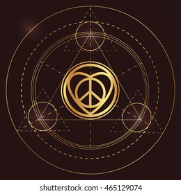 New hippie love sign. Intricate mix of peace sign, heart shape and circles.  Isolated vector illustration. Modern hipster insignia. Element for your design and sacred geometry.