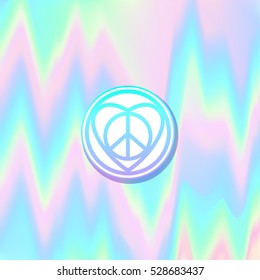 New hippie love sign. Intricate mix of hippie peace sign, heart shape and circles.Vector illustration on vanilla glitch background. Modern hipster insignia. Patch, sticker design.  Pastel goth style. 