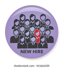 New Hire Button Portraying Different People with Men and Women in Suits and One Person Standing Out as the Person who got Hired