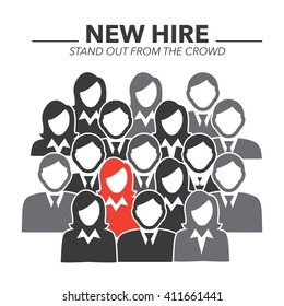 New Hire Button Portraying Different People with Men and Women in Suits and One Person Standing Out as the Person who got Hired