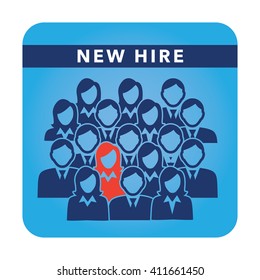 New Hire Button Portraying Different People with Men and Women in Suits and One Person Standing Out as the Person who got Hired