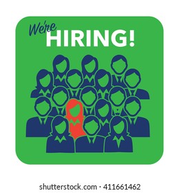 New Hire Button Portraying Different People with Men and Women in Suits and One Person Standing Out as the Person who got Hired