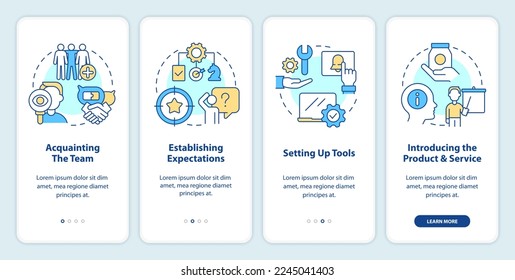 New hire customer service training steps onboarding mobile app screen. Walkthrough 4 steps editable graphic instructions with linear concepts. UI, UX, GUI template. Myriad Pro-Bold, Regular fonts used