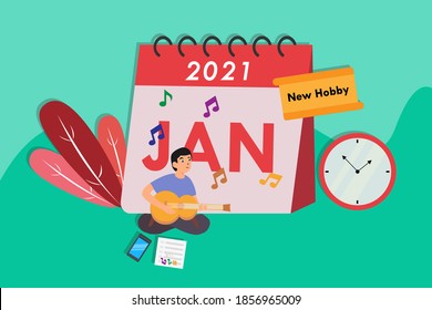 New Hobby resolution vector concept: Young man playing guitar while singing with New Hobby text and 2021 new year calendar background