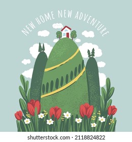 New home, new adventure - housewarming greeting card template. Vector hand drawn illustrations of house, hills and flowers