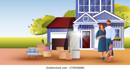 New Home Banner With Young Family, Vintage House, Furniture, Boxes, Dog. Mortgage Concept With Smiling Couple Near Their Cottage In Suburb. Relocation Illustration In Flat Style With Husband And Wife