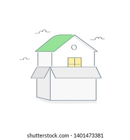 New Home from the Box. Home moving, relocation, opening a house after repairs, renovation. House in the cardboard box ready for opening. Flat outline vector on white background.