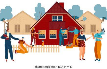 New home building and moving, real estate agent, happy couple with key and workers painting new cottage cartoon vector illustration. Family moves to newly built house, residential concept.