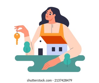 New home, buying house, investment in real estate. Woman holding a key. Mortgage, relocation, realty concept. Girl purchasing a property, moving into a house. Isolated flat vector illustration