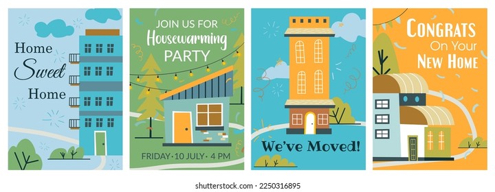 New home celebration, colorful postcard design set. Housewarming party invitation, congratulations card collection, vector illustration. Flat building, tree plant at template print element