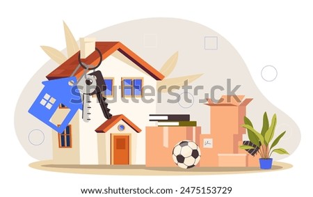 New home concept. Cardboard boxes with things next to large keys and house. Deals with private property and real estate. Relocation and immigration. Cartoon flat vector illustration