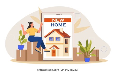 New home concept. Woman sitting at buildings near smartphone. Imigration and moving on. Young girl with real estate and private property. Cartoon flat vector illustration isolated on white background