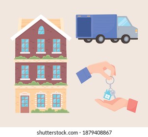 new home, hands with keys, truck and building icons vector illustration