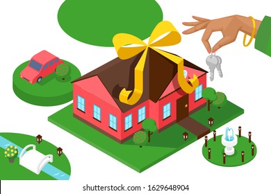 New home keys, isometric presentation, vector illustration. Geometric house, car and lawn, real estate advertisement campaign. Bank loan for new house purchase, hand holding keys, project presentation