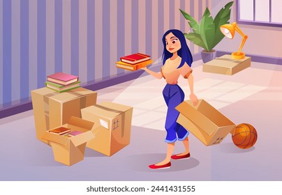 New home moving concept. Young woman packing her stuff and belongings in cardboard box - books and basketball ball, plant and lamp. Cartoon vector illustration of house leaving and relocation.