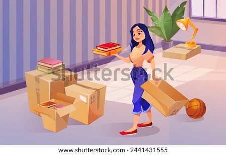 New home moving concept. Young woman packing her stuff and belongings in cardboard box - books and basketball ball, plant and lamp. Cartoon vector illustration of house leaving and relocation.
