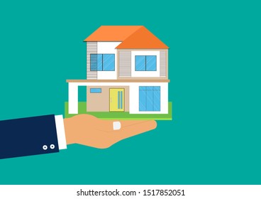 New home and real estate concept, Vector illustration EPS10 of Businessman holding model house on green background, Finance and Banking