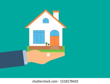 New home and real estate concept, Vector illustration EPS10 of Businessman holding model house on green background, Finance and Banking