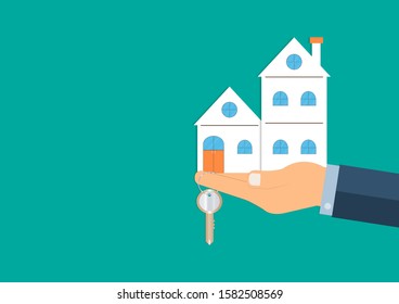 New home and real estate concept, Vector illustration EPS10 of Businessman holding model house and a key on green background, Finance and Banking