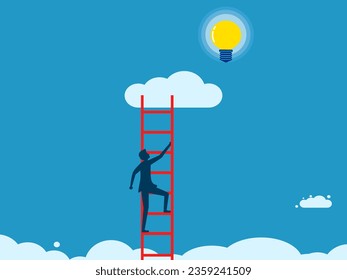 new hope arises. Businessman climbs a ladder to catch a light bulb 