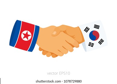 New hopeful friendship of North Korea and South Korea. Vector icon of handshake symbolizes a peace talks. Isolated sign of two hands of leaders. Sleeves are decorated by flags of East Asian countries.