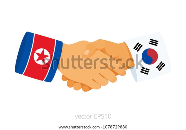 北朝鮮と韓国の新たな希望に満ちた友情 握手のベクター画像アイコンは和平交渉の象徴です 2人の指導者の手の単独の印 袖は東アジアの国旗で飾られる のベクター画像素材 ロイヤリティフリー