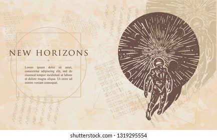 New horizons. Astronaut in space. Spaceman in Universe. Renaissance background. Medieval manuscript, engraving art 