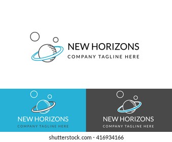 New horizons business logo design in three colors such as white, blue and dark gray. Line contour logotype for startup and professional corporate promotion isolated on white. Text outline