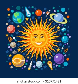 New Horizons Solar System Infographic Flat Vector Icon Set Planets Pluto Venus Uranus Jupiter Saturn Universe Around the Smiling Happy Sun Concept JPEG JPG EPS 10 Image  AI Object Picture Graphic Art