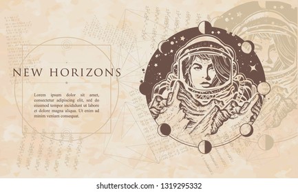 New horizons. Woman astronaut. Mountains on Mars. Spaceman exploring planets. Renaissance background. Medieval manuscript, engraving art 