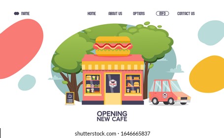 New hot dog cafe opening landing page layout or banner design vector illustration with fast food kiosk and delivery car. Cartoon style cafeteria with snack for meal like burger, fries, pizza, donut.