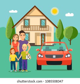 New house and car for family. Mother and father with children. Happy family isolated. Vector flat style illustration