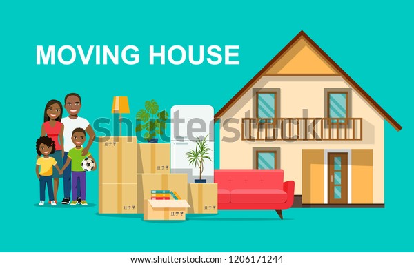 New house for family.  Happy afro\
american  family isolated.Things in the box next to the trunk of\
the car. Moving House. Vector flat style\
illustration