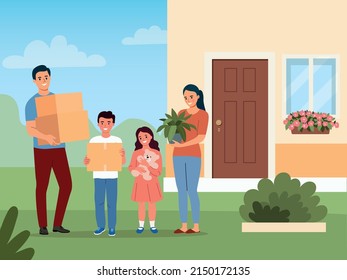 New house for family. Happy  family with boxes. Moving House. Vector illustration