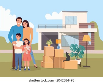 New house for family.  Happy  family isolated. Things in the boxes. Moving House. Vector flat style illustration