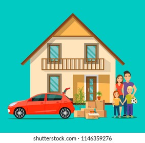 New house for family.  Happy family isolated.Things in the box next to the trunk of the car. Moving House. Vector flat style illustration