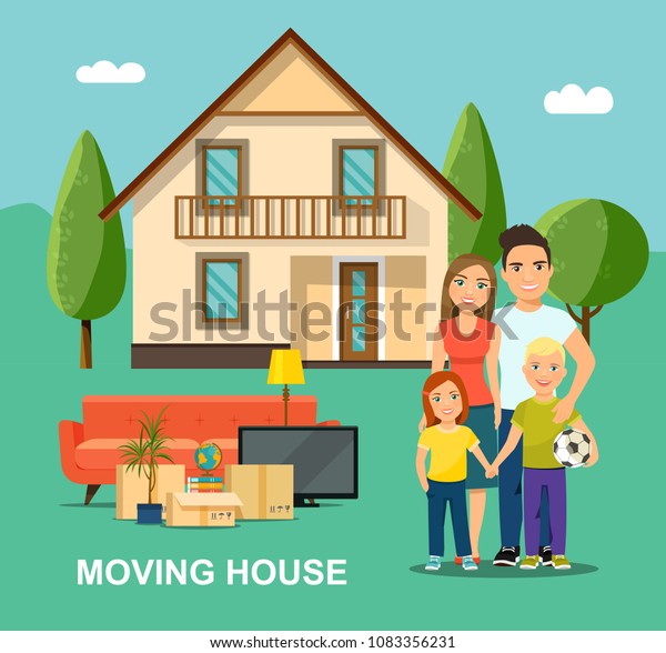 新築の家 お父さんとお母さんと子供 幸せな家族 引っ越しの家 ベクターフラットスタイルのイラスト のベクター画像素材 ロイヤリティフリー